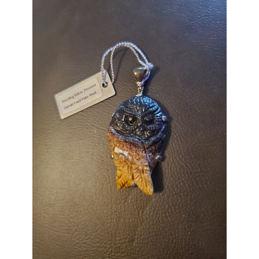 Starborn Creations Hand Carved Owl Pendant Crafted Fossil Palm Wood  925 Silver
